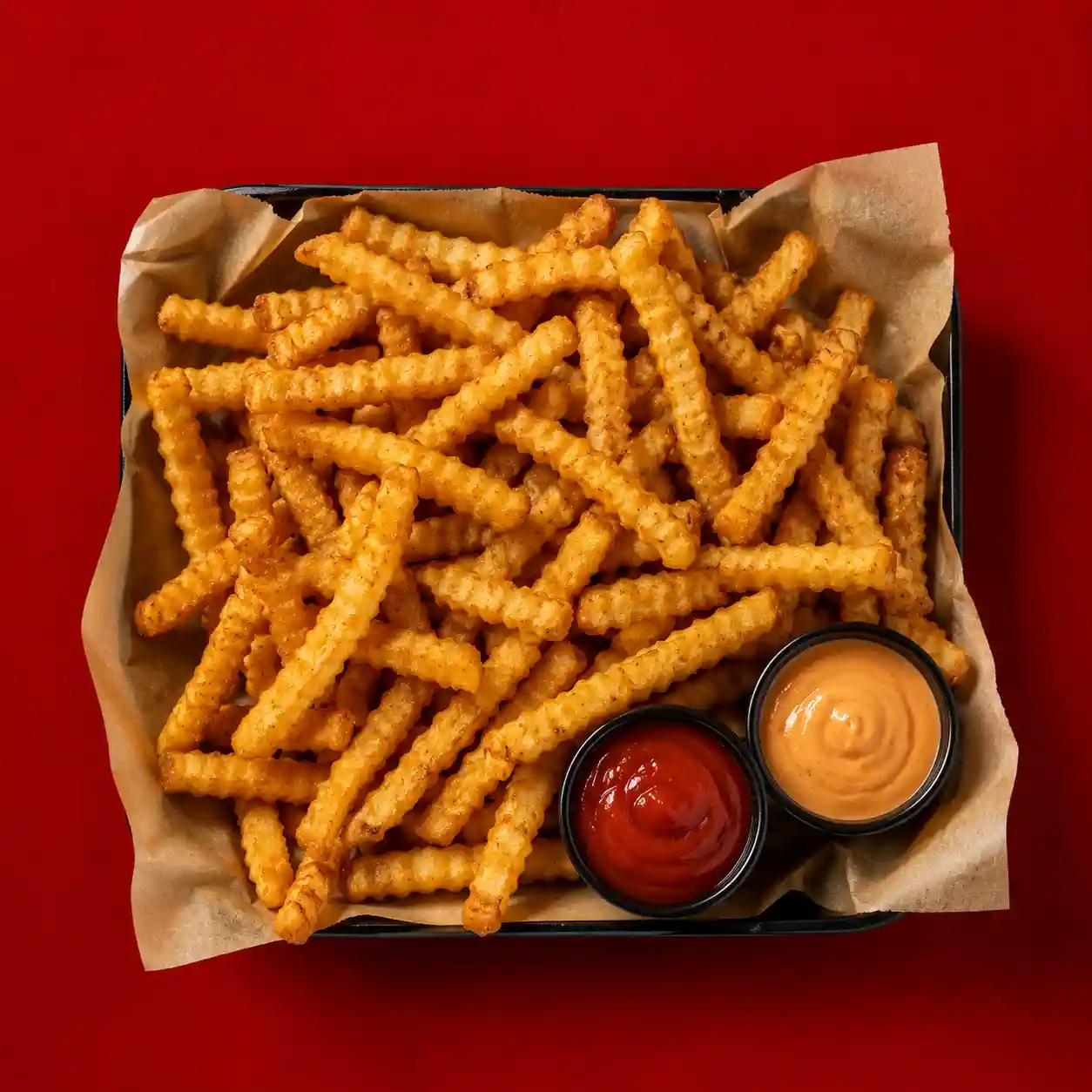 Top view of crispy golden crinkle-cut fries served in a tray with ketchup and signature dipping sauce on a red background.