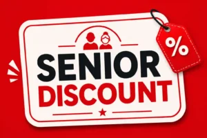 Dave’s Hot Chicken senior discount sign on a red background