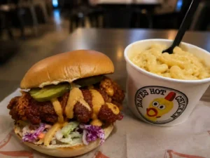 Dave’s Hot Chicken Secret Menu sandwich with crispy chicken, pickles, sauce, and mac and cheese on a restaurant table.
