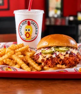 Dave’s Hot Chicken Canton menu with a crispy chicken slider, fries, and drink