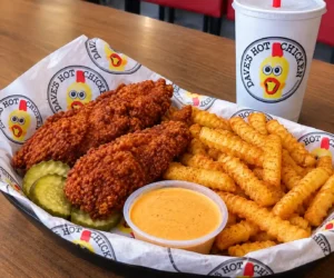 Dave’s Hot Chicken Buford Menu - 2 tenders with fries, pickles, and dipping sauce in Buford