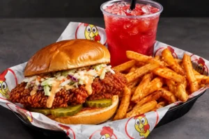Dave's Hot Chicken Sparks Menu meal with chicken sandwich, fries, and drink