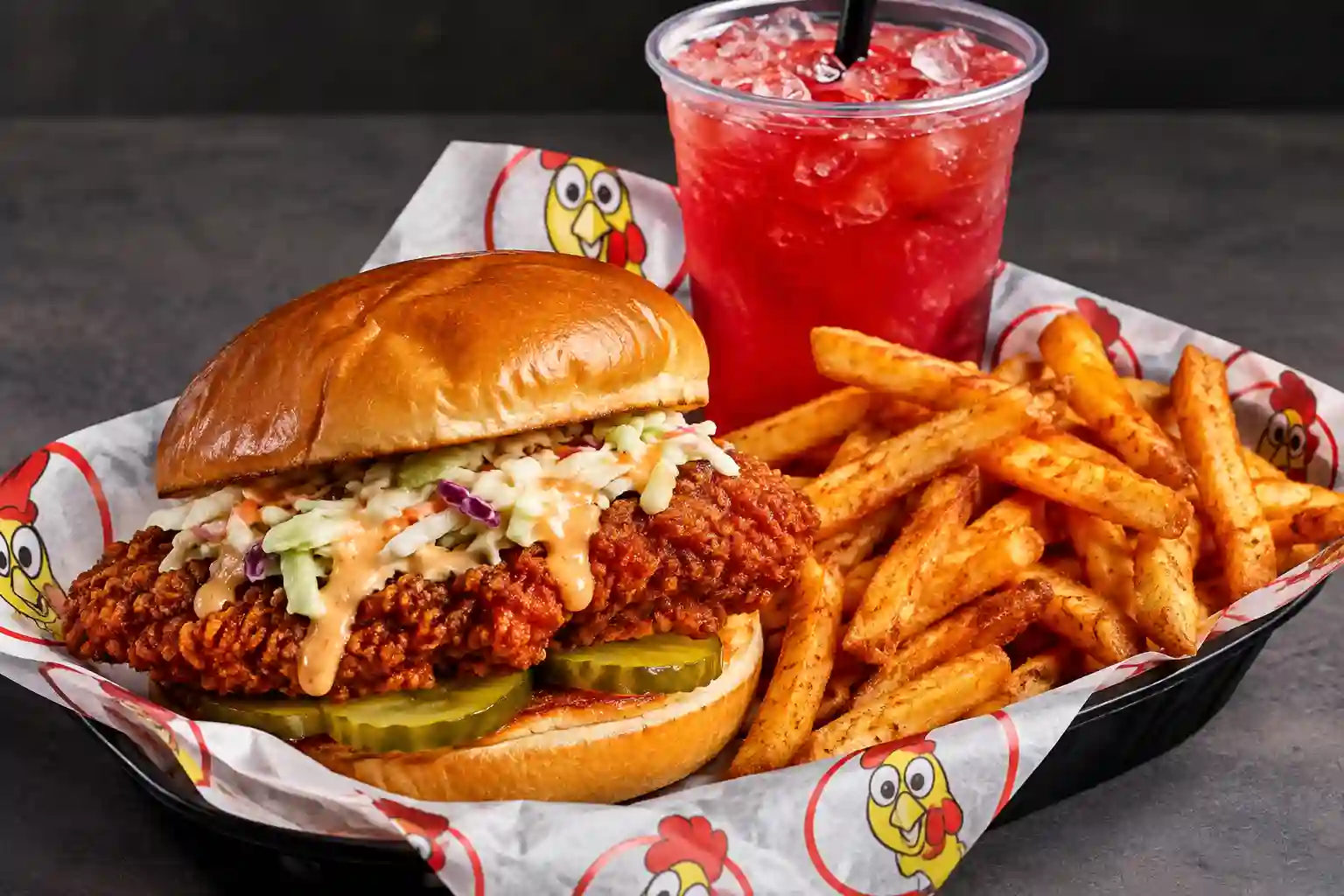 Dave's Hot Chicken Sparks Menu meal with chicken sandwich, fries, and drink