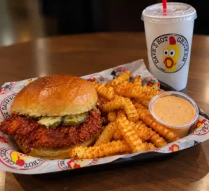 Dave’s Hot Chicken Lexington menu meal featuring a spicy chicken sandwich