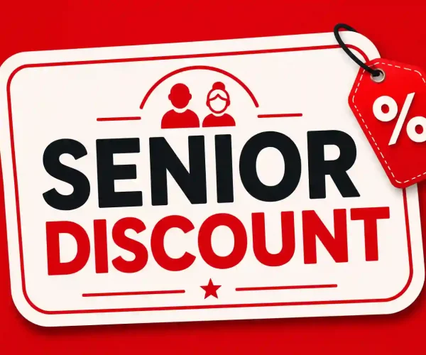 Dave’s Hot Chicken senior discount sign on a red background