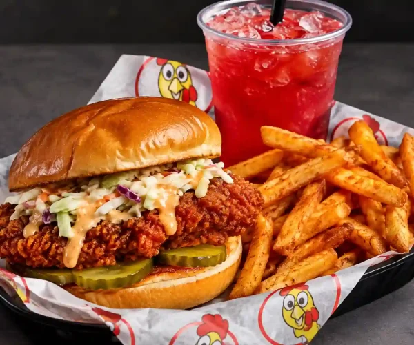 Dave's Hot Chicken Sparks Menu meal with chicken sandwich, fries, and drink