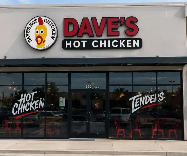 Dave’s Hot Chicken storefront exterior with red signage and glass entrance.