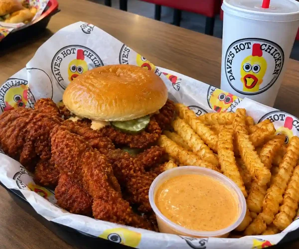 Dave’s Hot Chicken Salem menu with crispy chicken, fries, sandwich, and dipping sauce