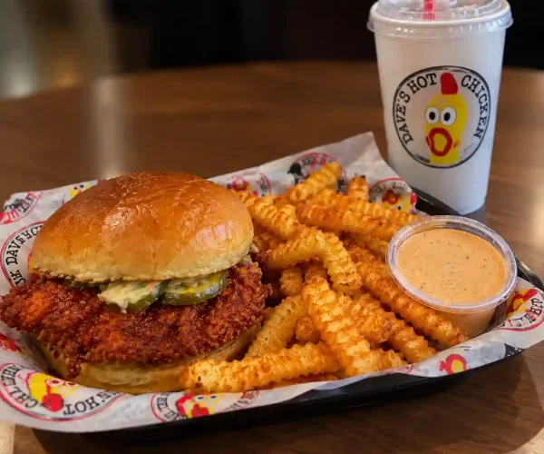 Dave’s Hot Chicken Lexington menu meal featuring a spicy chicken sandwich